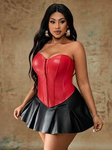 Truni Plus Size Solid Center Front Button Decoration PU Leather Black Tube Top, For Pear & Triangle Body Shape - Red - View 3
