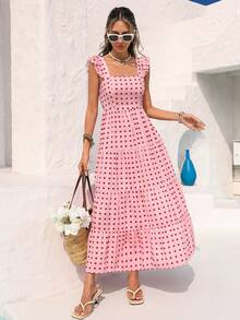 Vivid Eden 女士全印花荷叶边方领连衣裙 - 粉色 - 查看 9