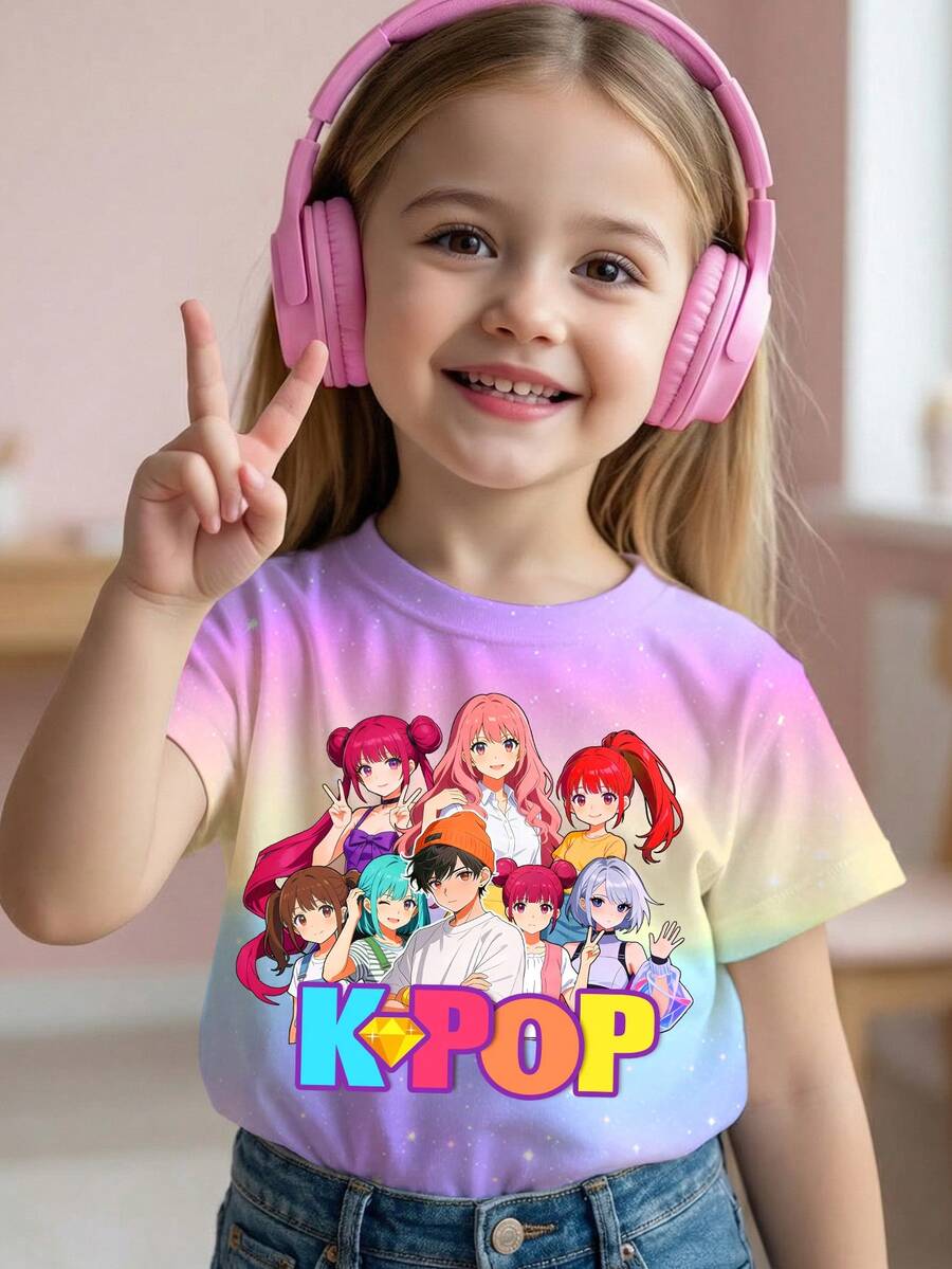 SHEIN 时尚酷炫的彩色韩流女团卡通人物渐变印花短袖圆领T恤,适合夏季穿着 - 彩色 - 查看 1