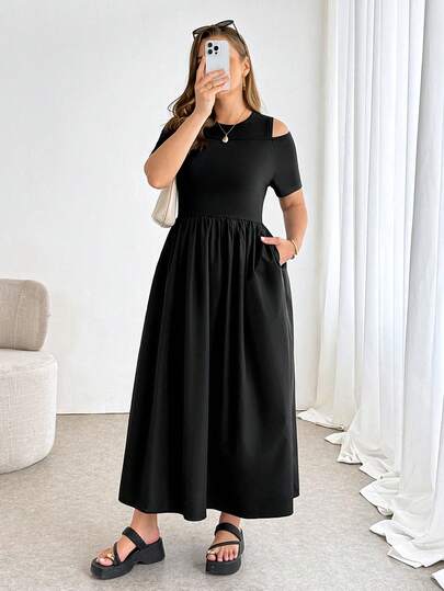 Shapeblank Plus-Size Women's Spring/Summer Fashionable Casual Stretchy Comfortable Everyday Basic Versatile Slimming Black Fitted Waist Short-Sleeved Long Dress With Pocket,Summer Outfits,Black Dress,Off-Shoulder Dress Black Elegant Dress Women Elegant Midi Dress Casual Black Dress Dress Modest Spring/Summer Casual Vacation Dress For Women