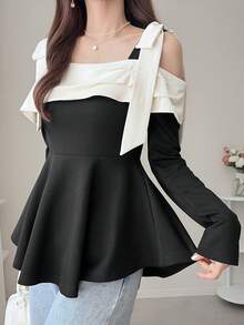 FRIFUL 吊带拼接撞色露肩收腰X型修身休闲百搭长袖T恤 - 黑色 - 查看 3