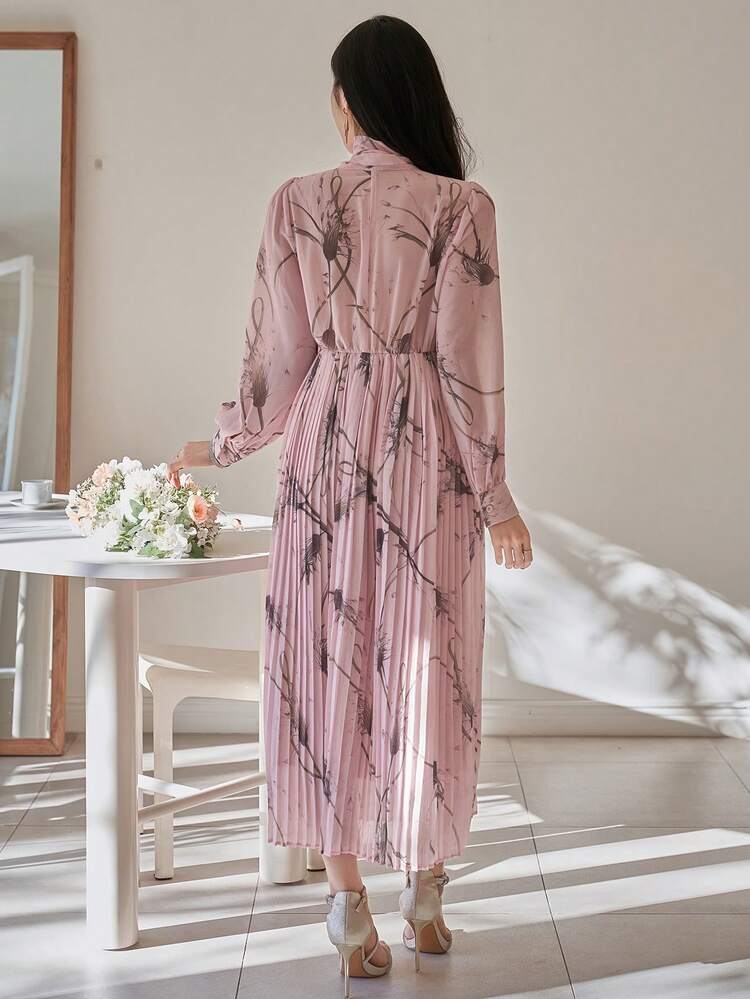 Women's Elegant Floral Print Ruffled Collar Lantern Sleeve Pleated Mid-Length Dress, Spring/Summer Wedding Guest Dress Sundress