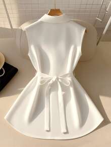 GlowEve Spring/Summer New Casual Chic Commuter High-End Elegant Minimalist Fitted Metal Waist Belt Tie Collar Button Curved Hem Sleeveless Women Blouse - White - View 2