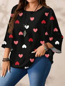 Mellowie Camisa holgada de cuello redondo con estampado integral para mujer de talla grande, otoño/invierno - Rosa - Ver 6