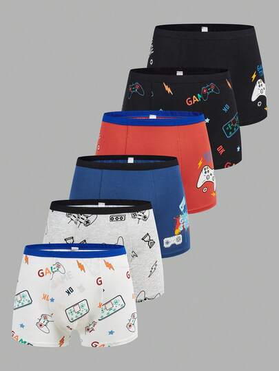 SHEIN 6pcs/Pack Teenage Boys' Cartoon Game Console Contrast Waistband Elastic Waist Boxer Briefs, Versatile, Comfortable, Casual, Suitable For Daily Wear, School, Travel, Outdoor Activities, Music Festivals, Holidays, Beach Vacations, Summer Boys Boxers Pack Boys Underpants Boys Underwear Pack Teen Boys Pack Boxers Men Underwear Pack