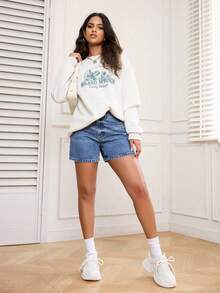 SHEIN ICON Quần short denim cạp cao kiểu vintage dành cho nữ cỡ lớn, dáng chữ A, ống rộng, thoải mái, đa năng. - Rửa trung bình - Xem 5