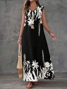 EMERY ROSE Đầm dài không tay dáng suông in hoa dành cho nữ, thích hợp cho kỳ nghỉ và các dịp thường ngày. - màu đen - Xem 3