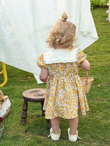 LMoss Kids Baby Girl Cute Ditsy Floral Bubble Sleeve Square Neck Dress, Summer - Multicolor - View 7