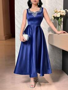 Feyla Vestido elegante de longitud media sin mangas con decoración de rhinestones de unicolor para mujer - Azul - Ver 6