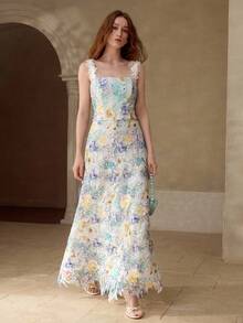 MOTF PREMIUM ELEGANT LACE EMBROIDERED FLORAL PRINT DRESS, SPRING/SUMMER - Multicolor - View 1