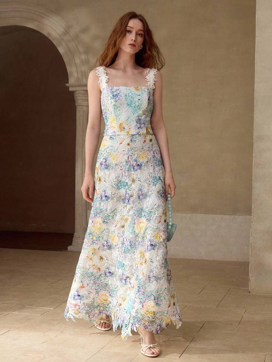 MOTF PREMIUM ELEGANT LACE EMBROIDERED FLORAL PRINT DRESS, SPRING/SUMMER - Multicolor - View 1