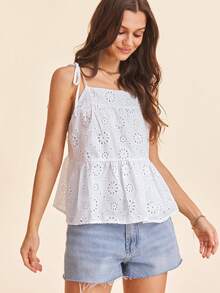 SHEIN VCAY Top de tirantes con bordado con ojal bajo con fruncido - Blanco - Ver 6