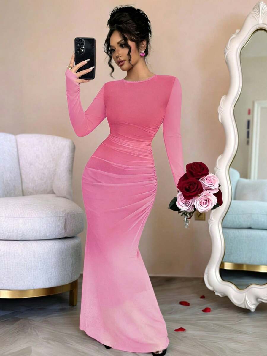 Rafferiza Women's Sheer Mesh Long Sleeve Ombre Ruched Bodycon Dress, Casual Daily Beachwear, Lounge, Office, Dress - Baby Pink - View 1