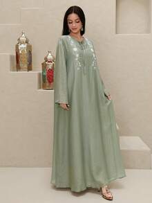 Yasmyna Women's Elegant Floral Embroidered Turkish Maxi Dress & Arabic Traditional Abaya - Green - View 5