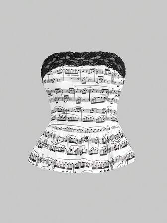 J-Fashion Top corto ajustado con estampado de notas musicales Y2K, ribete de encaje a contraste y volantes en el bajo, talla grande, camiseta y top de tirantes