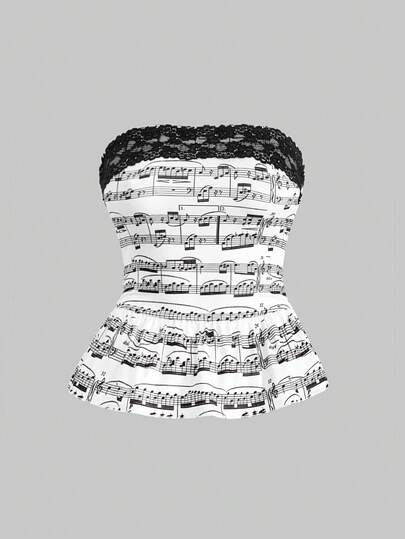 J-Fashion Top corto ajustado con estampado de notas musicales Y2K, ribete de encaje a contraste y volantes en el bajo, talla grande, camiseta y top de tirantes