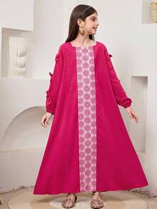 SHEIN Tween Girl Woven Solid Color Patchwork Striped Square Collar Bow Decor Long Sleeve Loose A-Line Maxi Dress, Suitable For Travel, Vacation, Countryside Style, Casual Resort, Bohemian, Matching Sister & Daughter Outfits - Blue - View 3