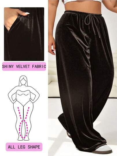 Solflare Plus Size Women's Dark Brown Velvet Casual, Work, Date Drawstring Waist Side Pockets Wide Leg Pants New Year,Thanksgiving,Party,Wedding,Beach,Graduati,Chic,Elegant,Casual,Going Out,Date,Appointment,Commute