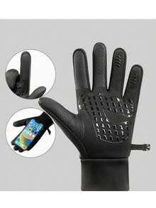 Black Winter Cycling Gloves, Touchscreen Compatible, Waterproof, Warm Lining, Anti-Slip Silicone Grip, Unisex. - Black - View 3