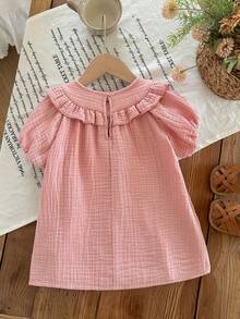 SHEIN LMoss Kids 女婴法式优雅花卉刺绣泡泡袖连衣裙 - 紫色 - 查看 2