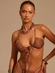 Musera Resort Leopard Print Tie Front Bikini Top Only Summer Beach Vacation Sexy Swim Cute Festival Graphic Spring - Multicolor - View 1