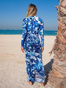 Swim Mulvari 女士扎染花卉经典印花连体泳衣，网纱拼接长款连衣裙，中东风格连体泳装 - 藍色 - 查看 2