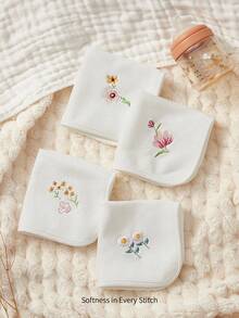 Cozy Pixies 4 Packs Of Baby Embroidered Flowers, Thickened And Highly Absorbent Burp Towels, Easy To Clean And Skin-Friendly, Made Of Towel Material - White - View 1