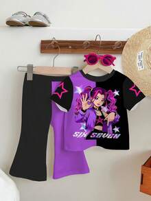 SHEIN 年轻女孩休闲时尚彩色韩流女团字母星星印花个性化圆领短袖T恤和喇叭裤套装 - 彩色 - 查看 2