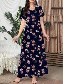 Lacomfia Đầm dệt kim ngắn tay cổ chữ V thanh lịch dành cho nữ, màu xanh navy, thích hợp cho hẹn hò, du lịch, mặc hàng ngày, đi chơi, dự tiệc, lễ hội, đầm dài mùa thu/đông, đầm xòe, đầm maxi họa tiết hoa/đầm vintage, đầm in họa tiết thực vật, đầm màu xanh, họa tiết hoa ngẫu nhiên. - Màu xanh hải quân - Xem 3