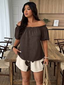 Weeklong Plus Size Casual Vacation Style Off Shoulder Short Sleeve Ruffle Hem Loose 2 Pieces Set - Multicolor - View 4