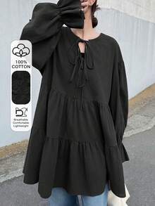FRIFUL Women's Solid Color Cotton Shirt With Drawstring Collar, Bell Cuffs, Pleated Splice, Loose Casual Versatile Spring Long Sleeve - Black - View 7