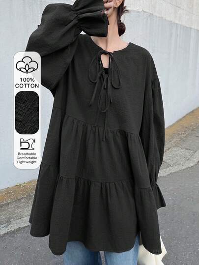 FRIFUL 女士纯色棉质衬衫，抽绳领，喇叭袖口，褶裥拼接，宽松休闲百搭春季装扮