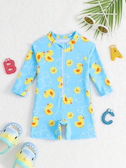 SHEIN 新生儿/婴儿男童拉链前开式防晒泳衣，夏季海滩度假套装