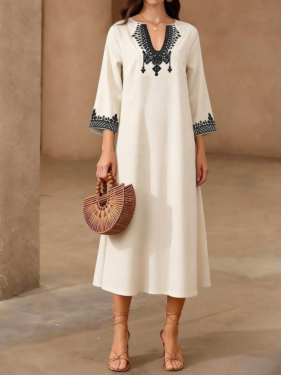 Rafferiza Women's Elegant Vintage Coin Print Long Sleeve Loose Muslim Dress Embroidered Dresses For Women Western - White - View 1