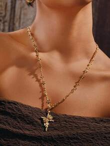 Glisma 18K镀金玫瑰十字项链，休闲复古配饰，西部珠宝，老钱风格，哥特风，吊坠项链，宝石，送给妈妈/女士/女孩/母亲的礼物，高级，性感/优雅，适合夏季/海滩/舞会，多层/宝石/串珠/水晶，吊坠/粗款 - 金色 - 查看 1