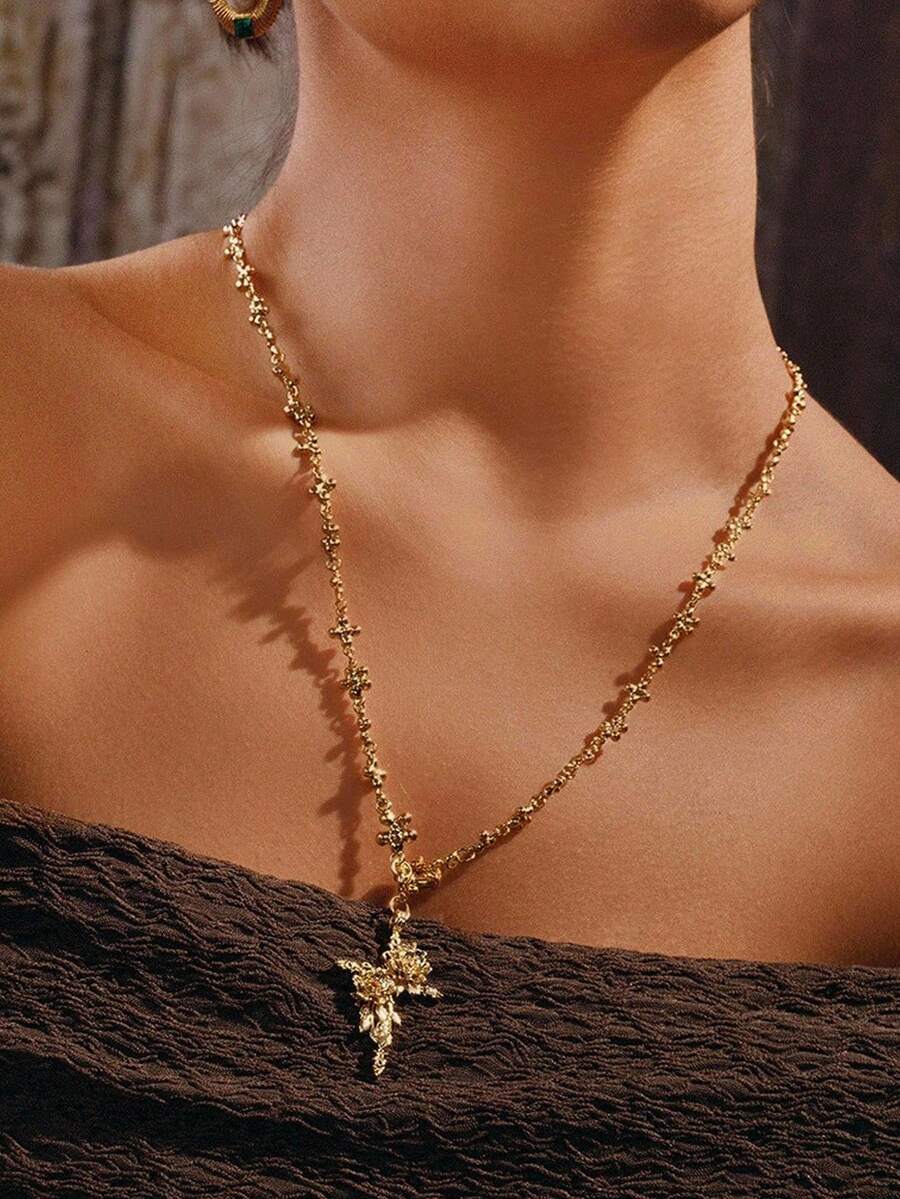 Glisma 18K镀金玫瑰十字项链，休闲复古配饰，西部珠宝，老钱风格，哥特风，吊坠项链，宝石，送给妈妈/女士/女孩/母亲的礼物，高级，性感/优雅，适合夏季/海滩/舞会，多层/宝石/串珠/水晶，吊坠/粗款 - 金色 - 查看 1