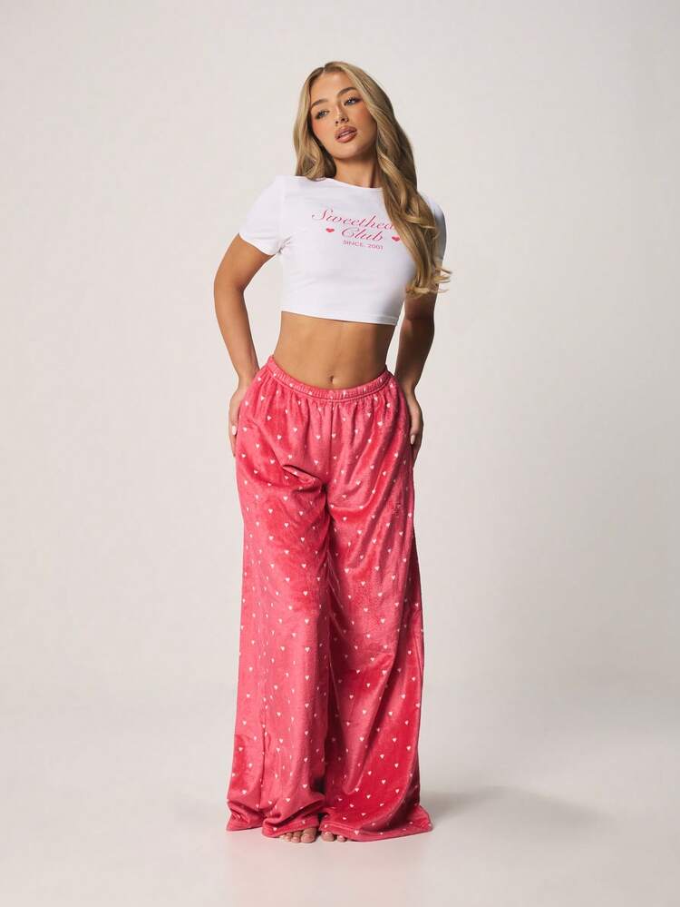 MISSGUIDED Women Two Piece Lounge Set Heart Print Tee Crop Top With Wide Leg Palazzo Pants Valentine Sleepwear Pajama Set