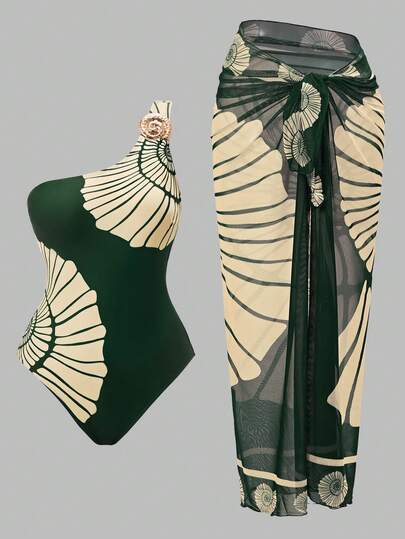 Swim Oasis Conjunto de traje de baño de una pieza con estampado floral, bata y falda para vacaciones y playa