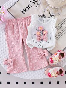 2pcs Baby Girls Knitted Textured Fabric Ruffle Trim Floral Top And Pants Set, Sweet Jacquard, Casual Summer Outfit - Pink - View 3
