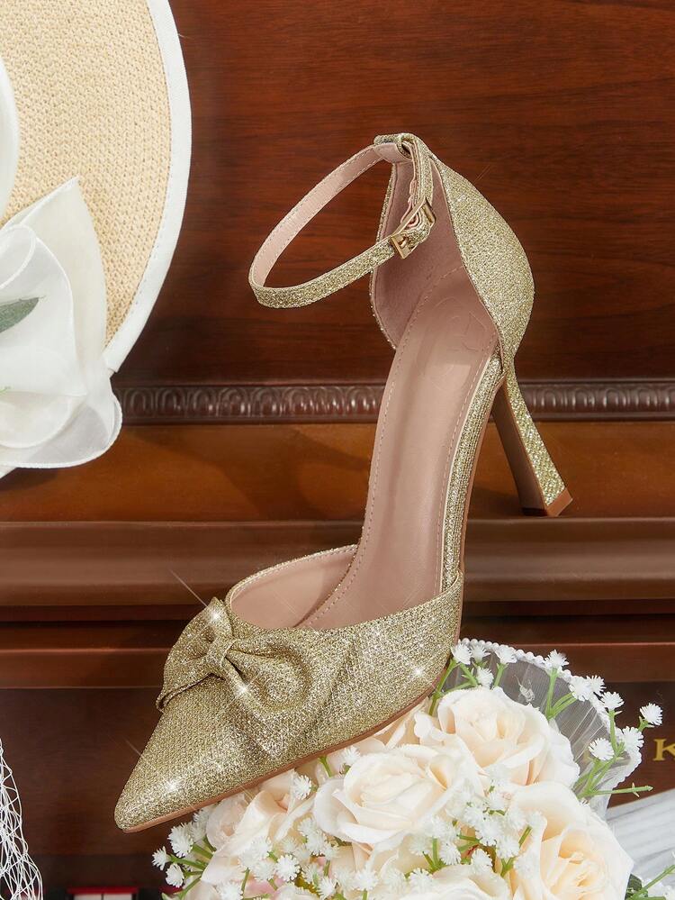 CUCCOO HITCHD Women's Pointed Toe Bow Decor Buckle Design Everyday Versatile Fashion High Heels Wedding Shoes Spring Shoes Bride Shoes