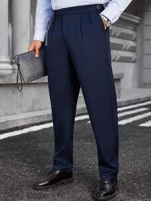 Manfinity Bizformal 男士腰部设计商务休闲修身直筒锥形裤，通勤复古时尚长裤 - 藏蓝色 - 查看 4