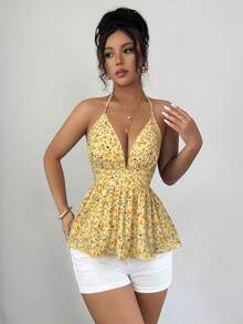 Elenzga Camiseta de tirantes finos con cuello en V, estampado floral amarillo, cintura con lazo y volantes, estilo sexy para vacaciones de verano de la mujer. Adecuado para salidas, citas, vacaciones, alta relación calidad-precio - Amarillo - Ver 3