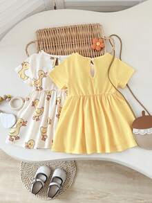 Playful Pals 2pcs/Set Baby GirlCute Duck & Chick Print Short Sleeve A-Line Dress, Suitable For Spring/Summer Outings, Photoshoots Or Everyday Wear - Multicolor - View 2