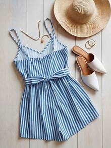 Franclia Women's Fashion Striped Camisole Jumpsuit With Bow Tie Summer Birthday Outfits For Women Summer Romper Casual Romper Beach Romper Petite Vacation Outfit - Blue and White - View 2