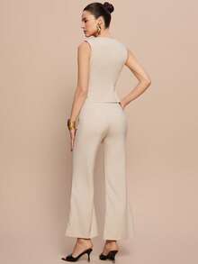 Leighera Bộ vest và quần ống loe màu trơn thanh lịch dành cho nữ, thích hợp cho công sở, mùa hè. - Màu be - Xem 6