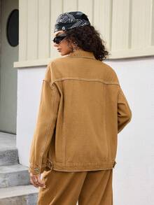 Jeanoix Y2K Fashion Turndown Collar Button-Up Washed Denim Jacket - Brown - View 2