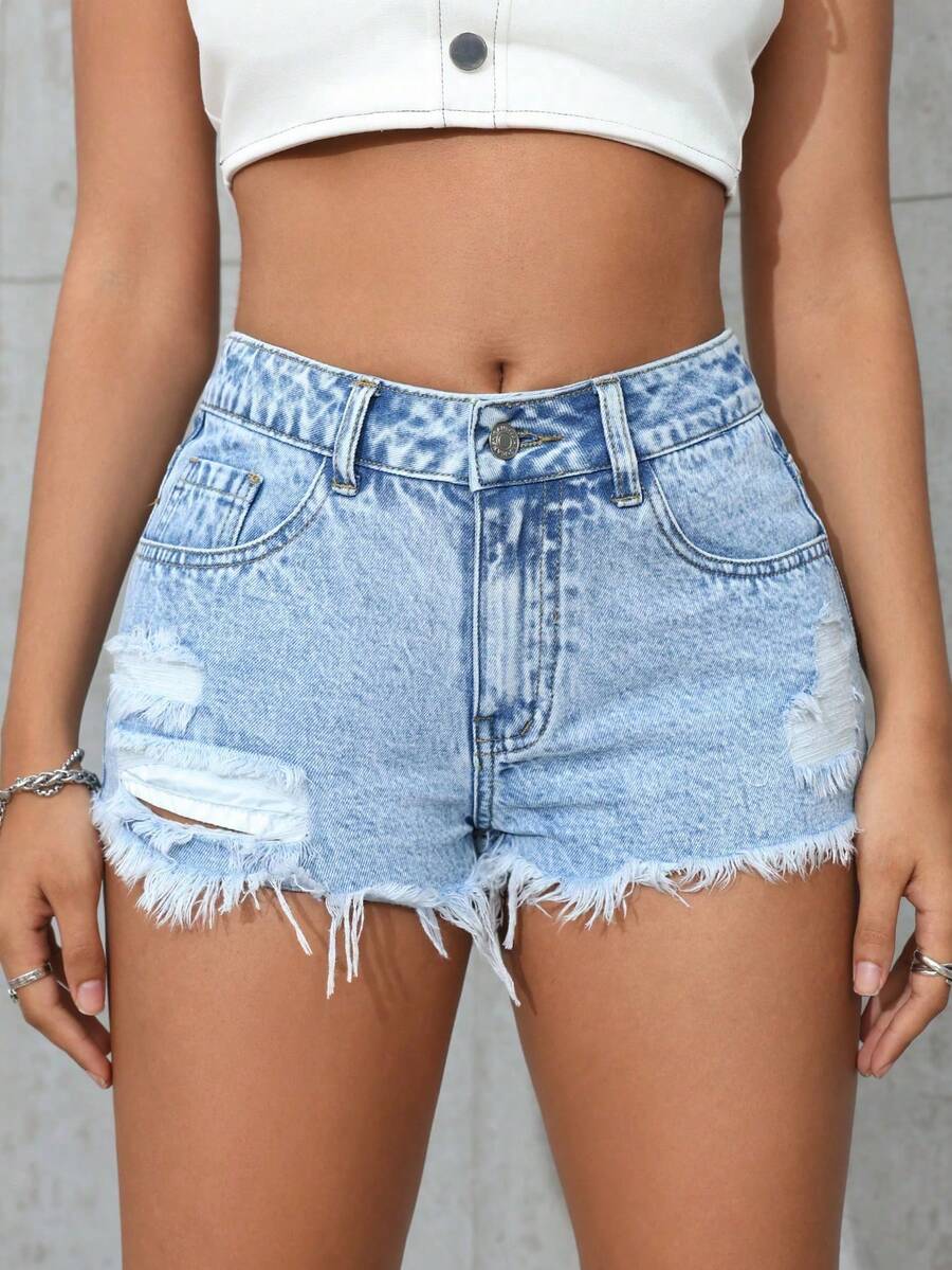 SHEIN ICON Plus Size Women Distressed Light Wash Denim Shorts, Sexy Cowboy Outfits - Light Wash - View 1