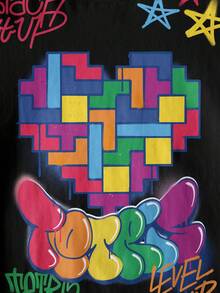 Tetris™ X SHEIN 少女休闲日常通勤时尚街头风爱心字母图案短袖T恤，夏季 - 白色 - 查看 3