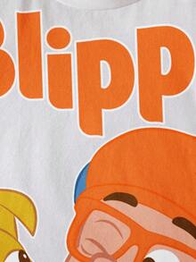 Blippi X SHEIN 男童夏季休闲字母卡通图案撞色条纹侧边圆领短袖T恤 - 白色 - 查看 4
