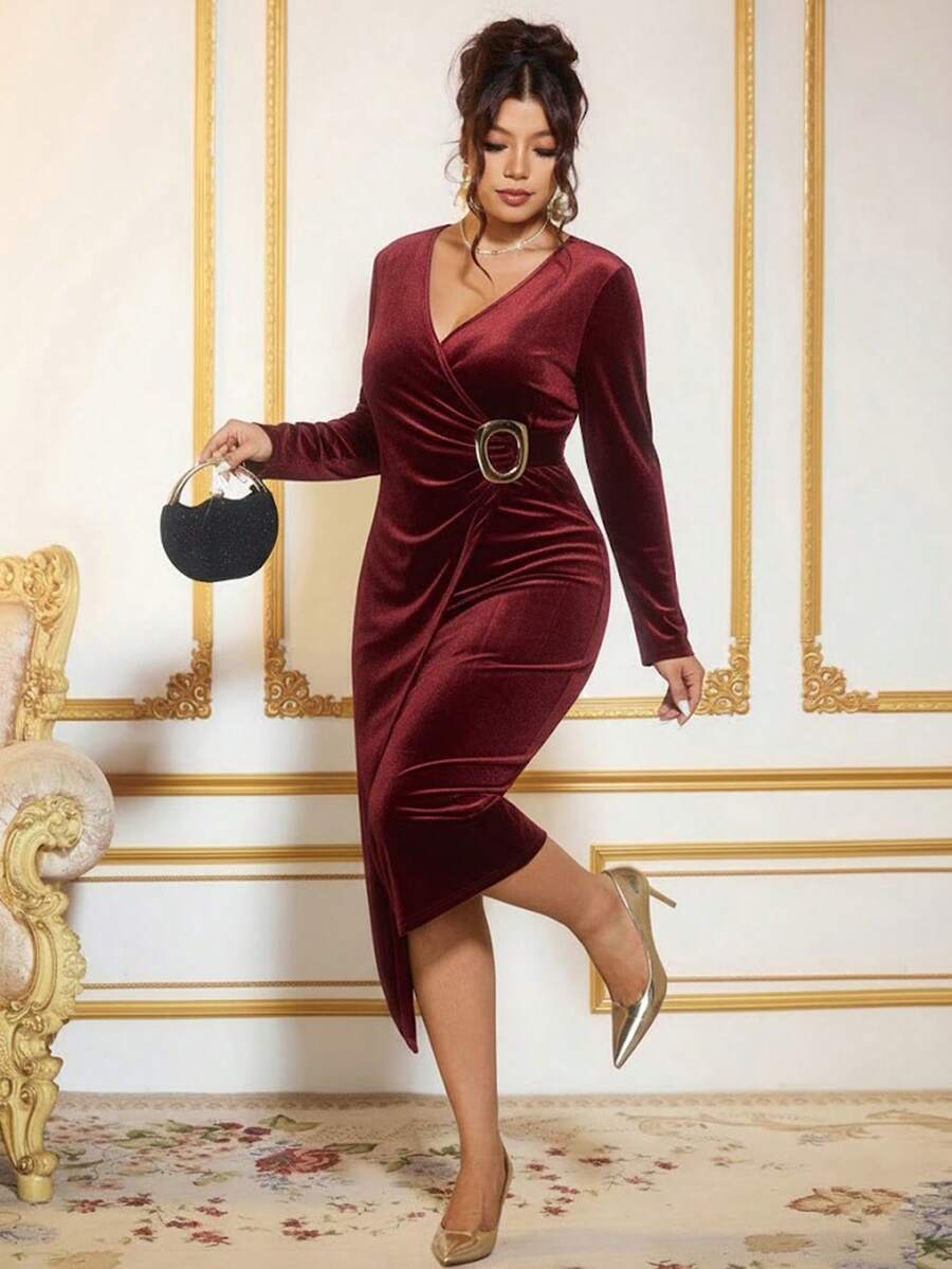 Cravure Plus Size Elegant Solid Color Wrap Dress, Suitable For Commuting - Burgundy - View 1